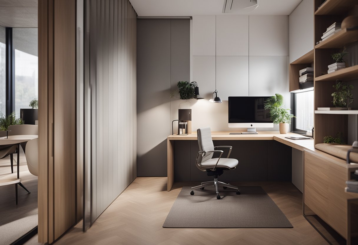 The small office cabin is designed with sleek, modern furniture and efficient storage solutions. Natural light floods the space, highlighting the clean lines and minimalist aesthetic