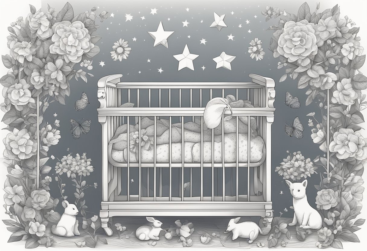 Objects like stars, flowers, and animals surround a cradle, representing potential baby names