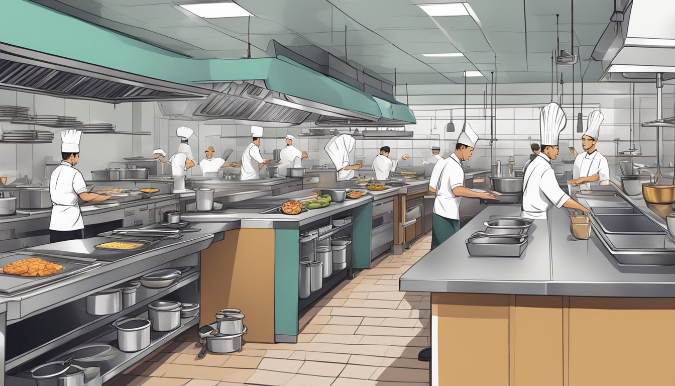 The bustling central kitchen of a restaurant, with chefs preparing dishes and staff organizing orders
