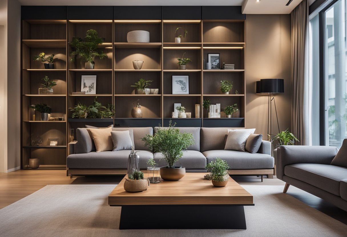 A cozy living room with solid wood furniture in Singapore. A large wooden coffee table, a sturdy dining table, and a beautiful bookshelf fill the space
