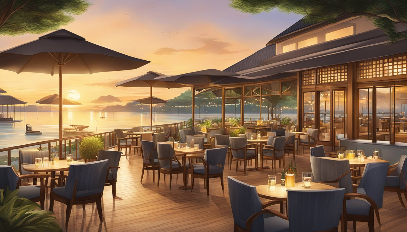 The sun sets over the calm waters of Changi Beach Club restaurant, casting a warm glow on the outdoor seating area and creating a serene atmosphere for visitors to enjoy their meals