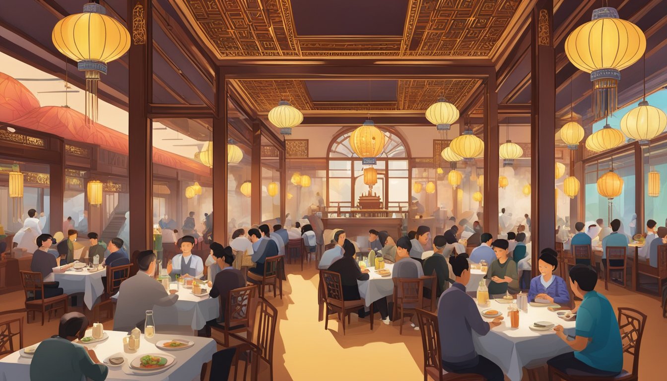 City hall Chinese restaurant bustling with diners, colorful lanterns, and ornate decor. Aromatic steam rises from sizzling woks, and waiters hurry between tables