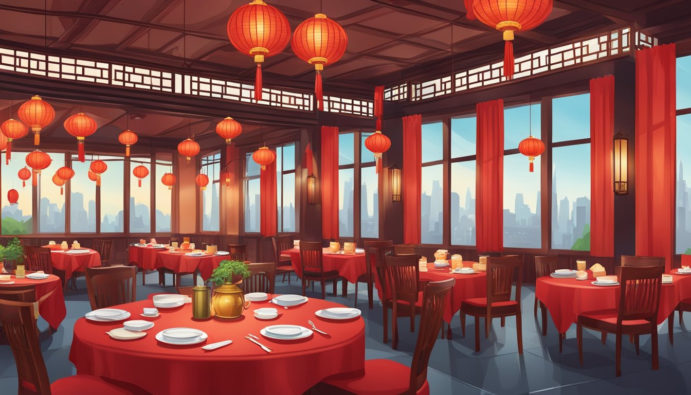 Tables set with red tablecloths, steaming plates of dim sum, and hanging lanterns in a bustling city hall Chinese restaurant