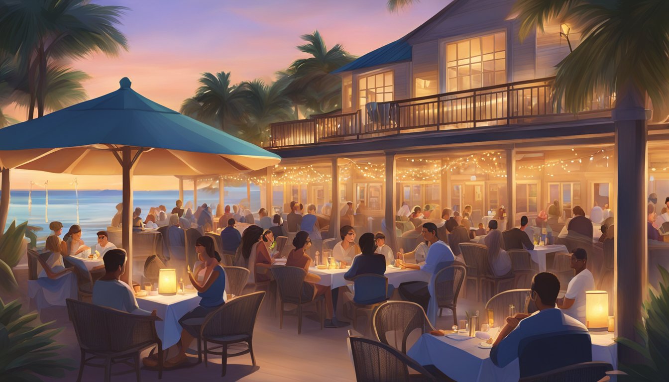 The sun sets over the tranquil beach club restaurant, as patrons enjoy the ocean breeze and dine under the warm glow of string lights