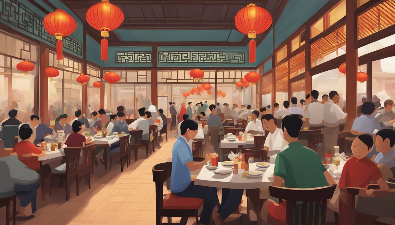 City Hall Chinese restaurant: bustling with diners, red lanterns hanging, steam rising from sizzling woks, and waiters rushing between tables