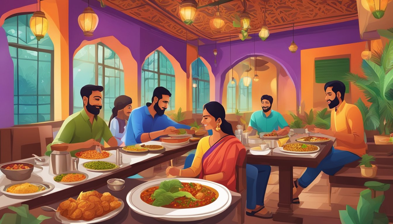 Customers enjoying traditional North Indian dishes in a vibrant restaurant setting with colorful decor and aromatic spices