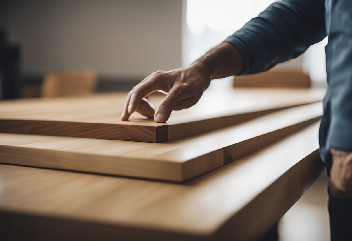 A customer admires a solid wood dining table in a well-lit showroom, running their hand along the smooth, natural grain of the wood