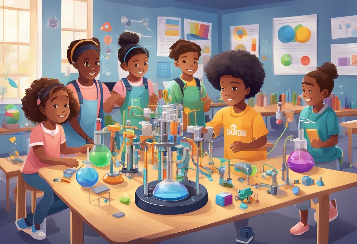 A group of diverse children engage in hands-on STEM activities, surrounded by colorful science equipment and technology. An enthusiastic educator leads the group, showcasing the exciting careers in science, technology, engineering, and math. careers in STEM.