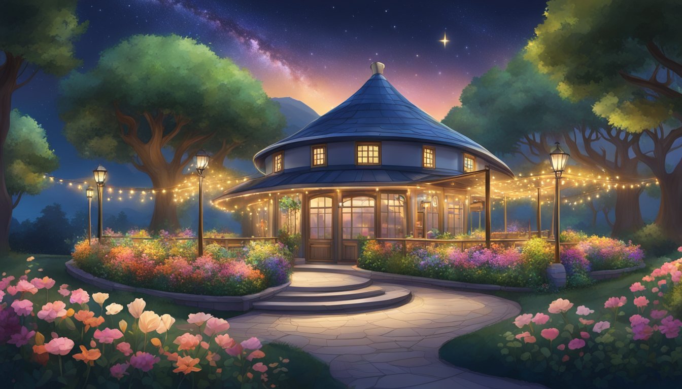 An enchanted garden restaurant with colorful flowers, winding paths, and twinkling lights under a starry sky