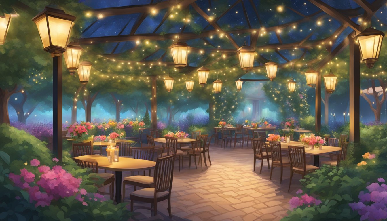 Lush garden with colorful flowers, winding paths, and elegant dining tables under a canopy of twinkling lights at Culinary Delights enchanted garden restaurant