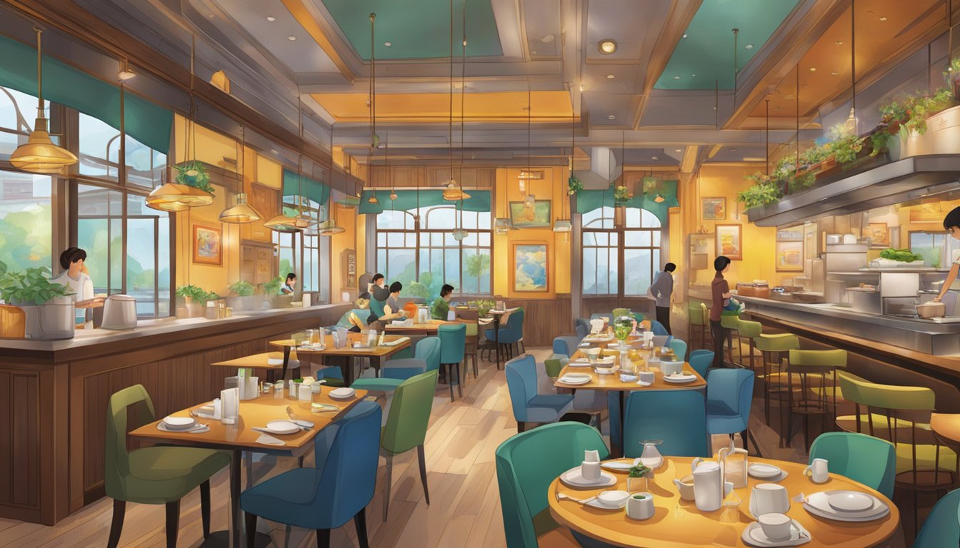The bustling interior of ABC Wang restaurant with colorful decor and steaming dishes on tables