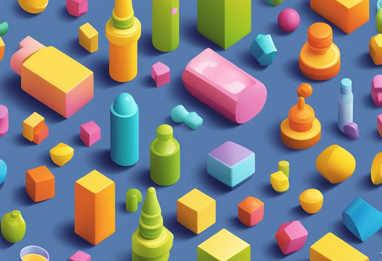 Objects like a baby bottle, toy blocks, and a mobile are arranged in a playful and colorful display