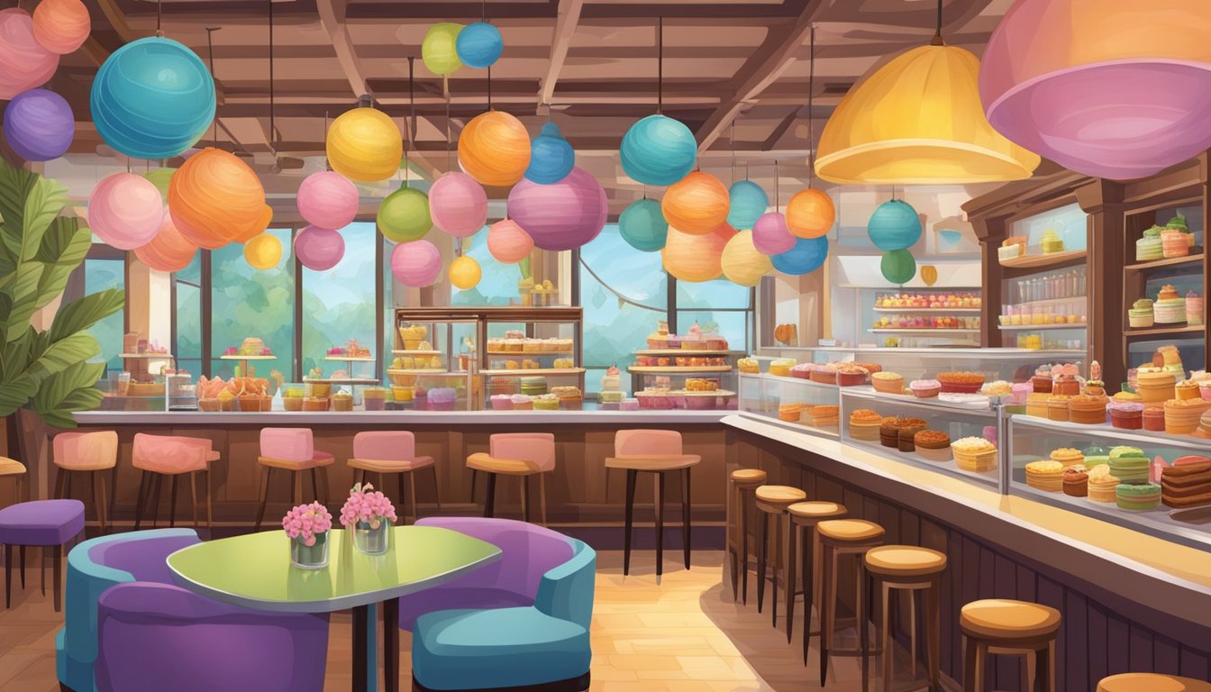 Colorful dessert restaurants with whimsical decor, cozy seating, and delectable treats on display. Customers enjoy sweet treats and drinks in a lively, inviting atmosphere