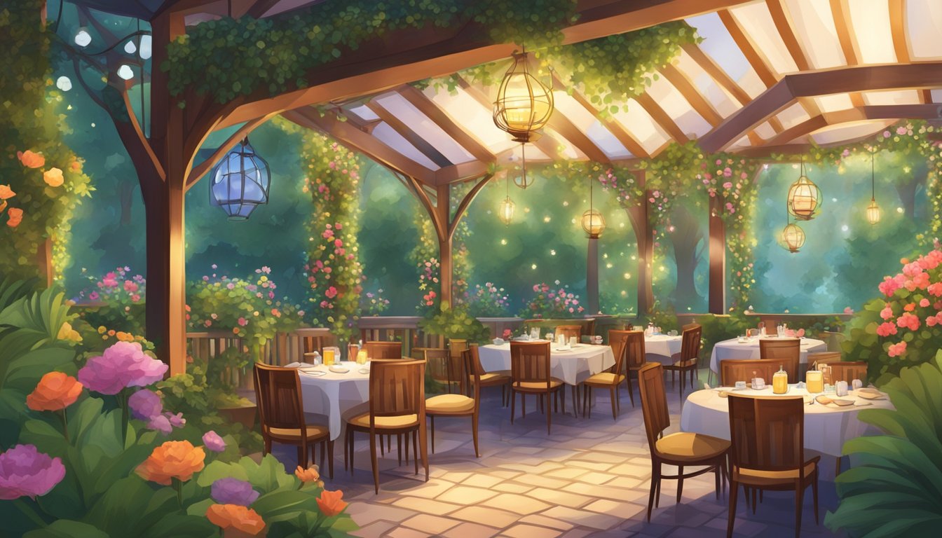 An enchanted garden restaurant with lush greenery, colorful flowers, and twinkling lights. A winding path leads to cozy tables surrounded by nature