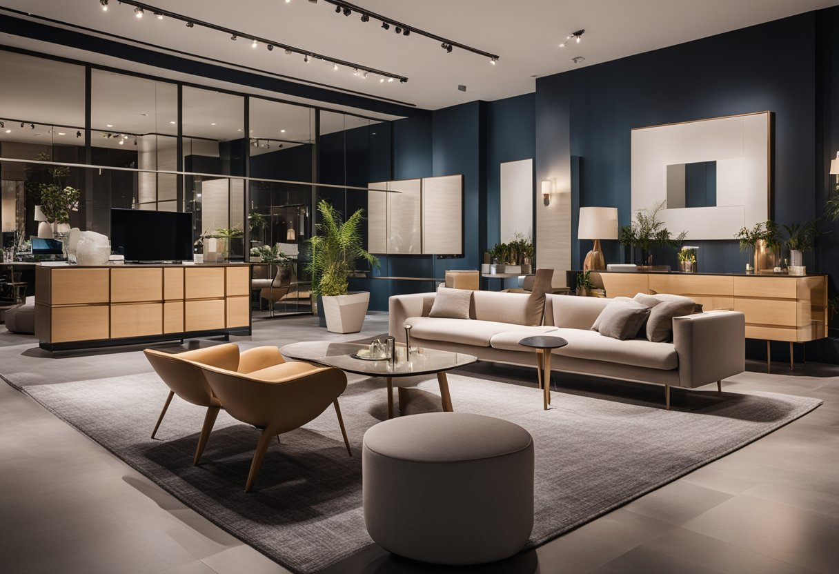 A modern showroom with sleek, minimalist furniture arranged in a spacious, well-lit setting. Vibrant colors and clean lines create a sense of sophistication and style