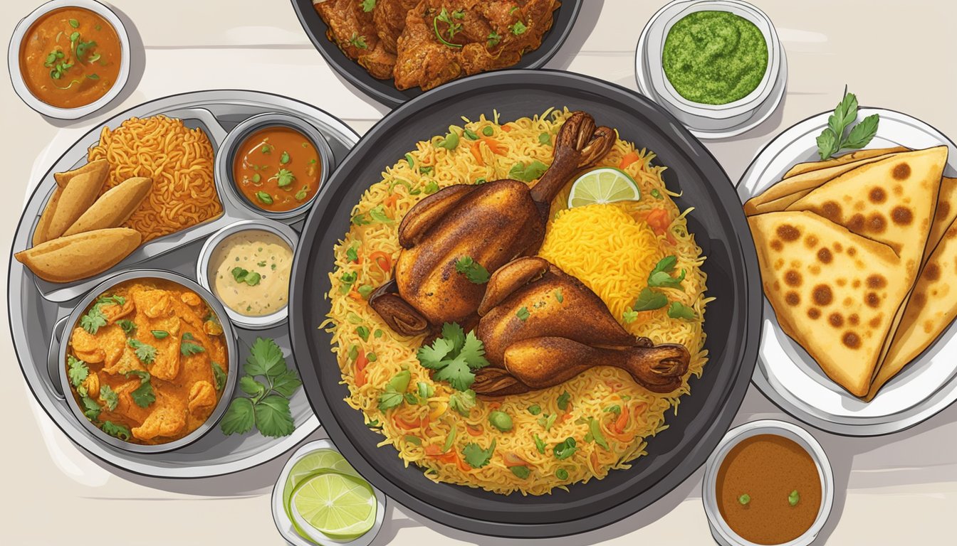 A sizzling platter of aromatic biryani, spicy chicken 65, and crispy dosas at Anjappar restaurant in Singapore. Rich colors and tantalizing aromas fill the bustling dining room