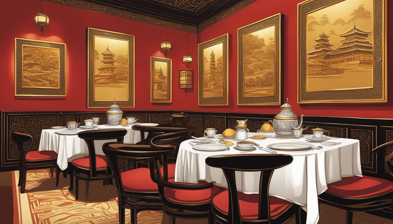 Elegant tables set with fine china and polished silverware in a dimly lit Chinese restaurant in Singapore. Intricate red and gold decor adorns the walls, with the aroma of sizzling woks filling the air