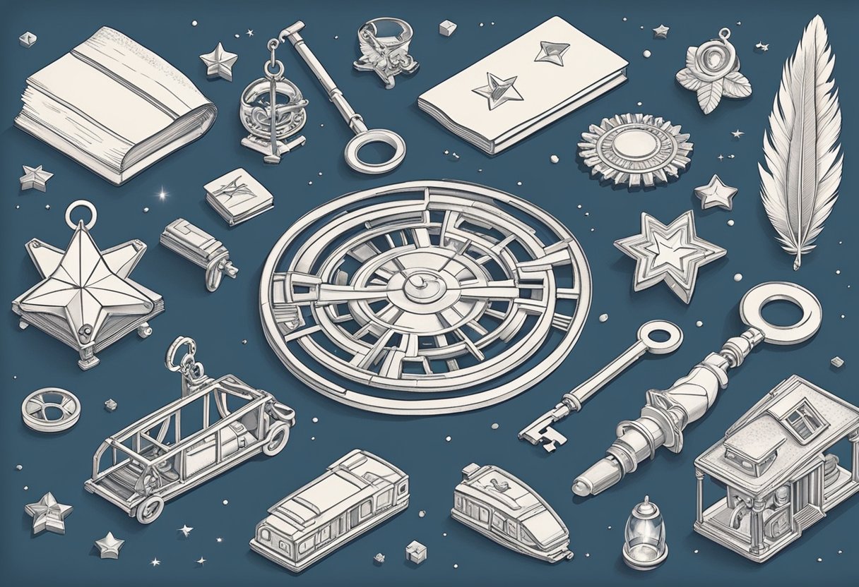 Objects arranged in a circle: a toy train, a book, a star-shaped cookie cutter, a feather, and a vintage key
