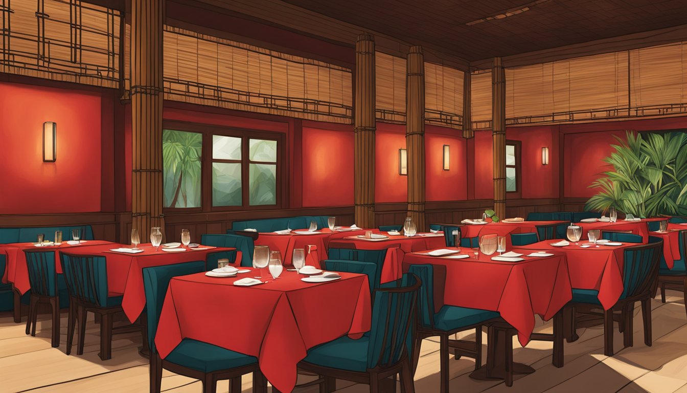 Tables set with vibrant red tablecloths, bamboo accents, and dim lighting create a cozy and inviting atmosphere at Bambu restaurant