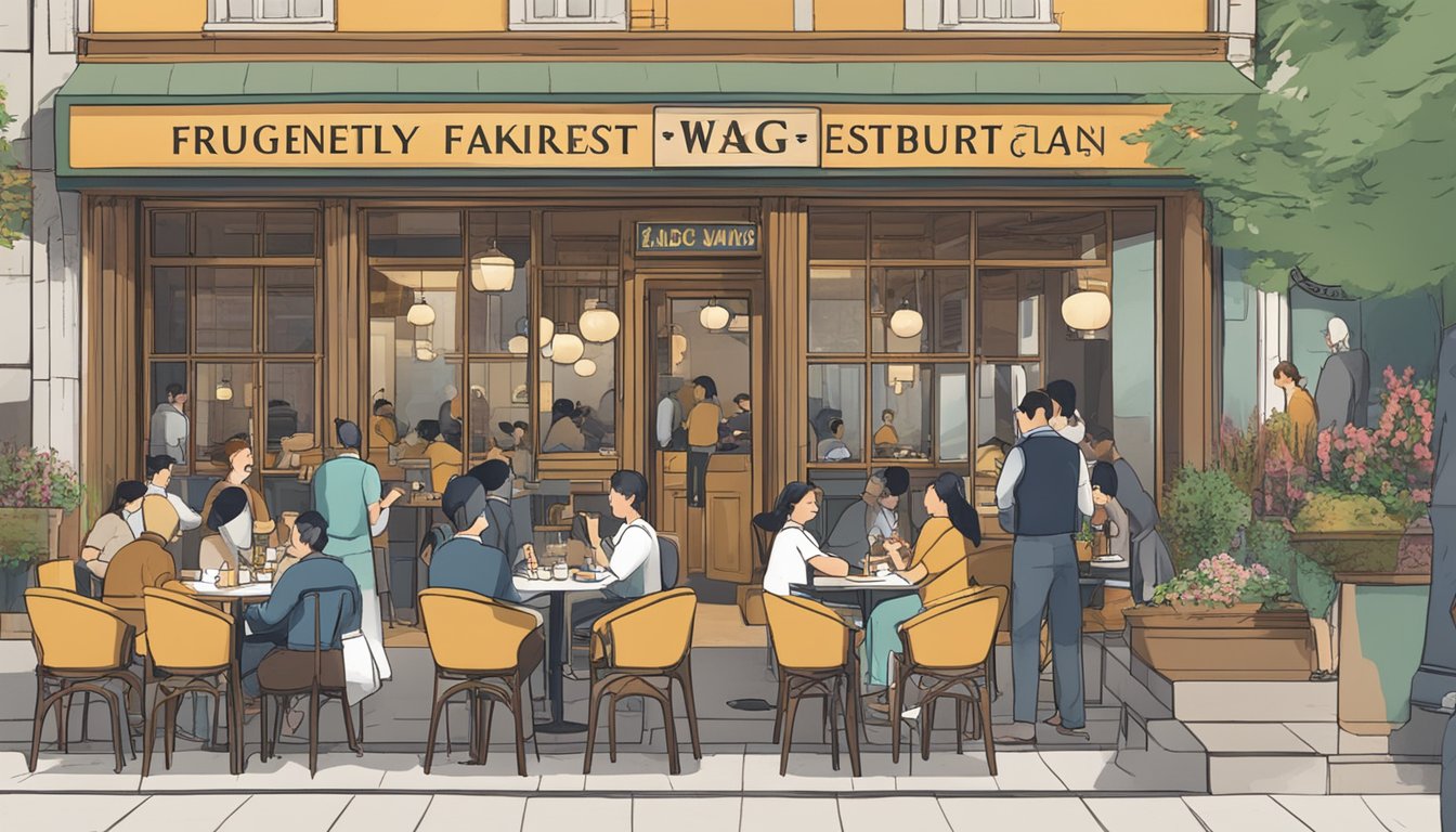 A bustling restaurant with a sign reading "Frequently Asked Questions abc wang restaurant" above the entrance. Diners enjoying meals at tables, waitstaff moving about