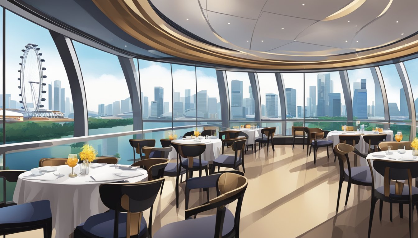 The Singapore Flyer restaurant overlooks the city skyline, with elegant tables and chairs set against floor-to-ceiling windows. A panoramic view of the cityscape and a modern, stylish interior