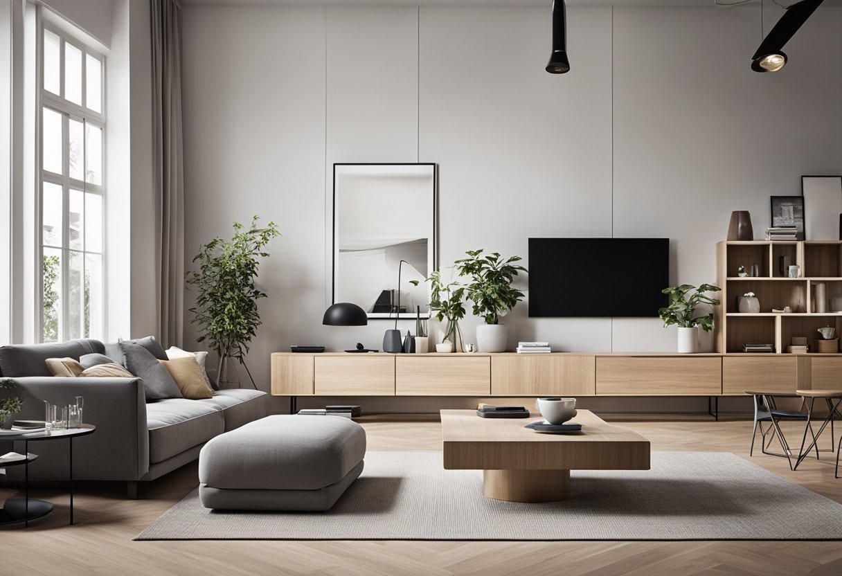A modern living room with String Furniture shelves and cabinets, showcasing sleek and minimalist designs, complementing the space with functionality and style