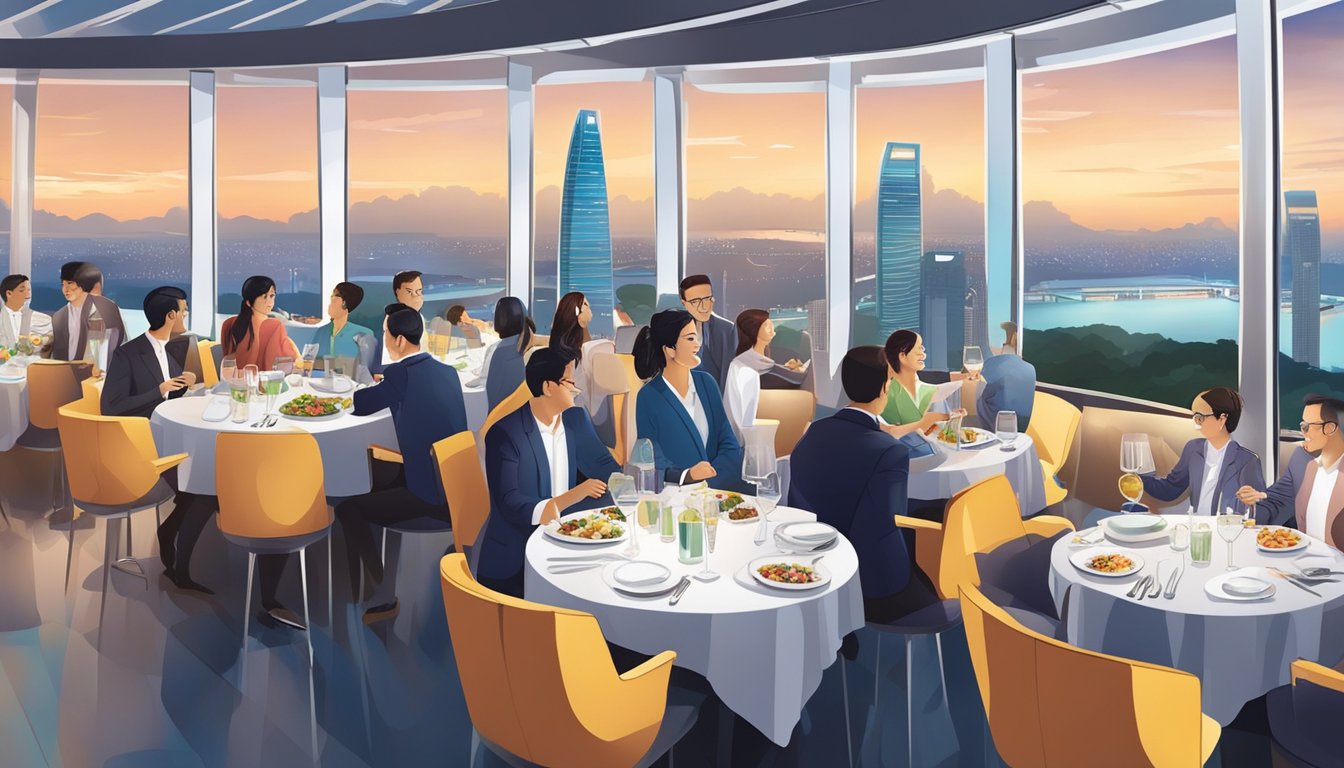 Guests dine in the sky at the Singapore Flyer restaurant, enjoying panoramic views of the cityscape and surrounding landscape