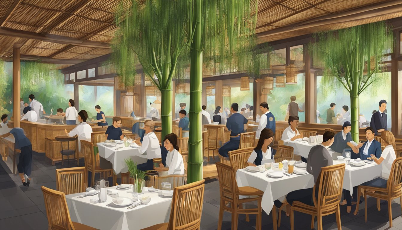 A bustling restaurant with bamboo decor, filled with diners enjoying their meals and waitstaff attending to tables