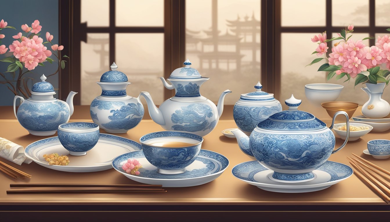 A beautifully set table with intricate Chinese porcelain, ornate chopsticks, and delicate tea sets, surrounded by elegant decor and soft lighting