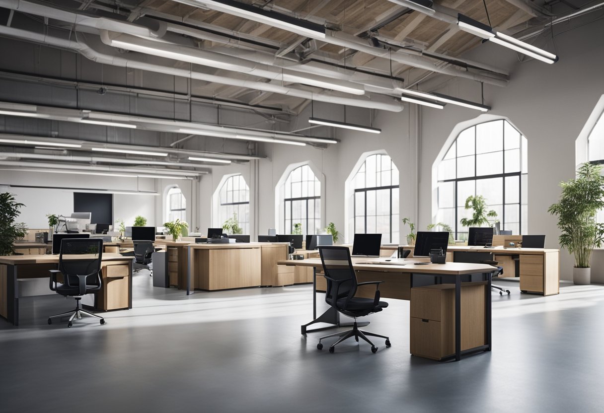 A spacious, well-lit warehouse office with modern furniture, large windows, and a minimalist color scheme. The open layout allows for seamless communication and collaboration among employees