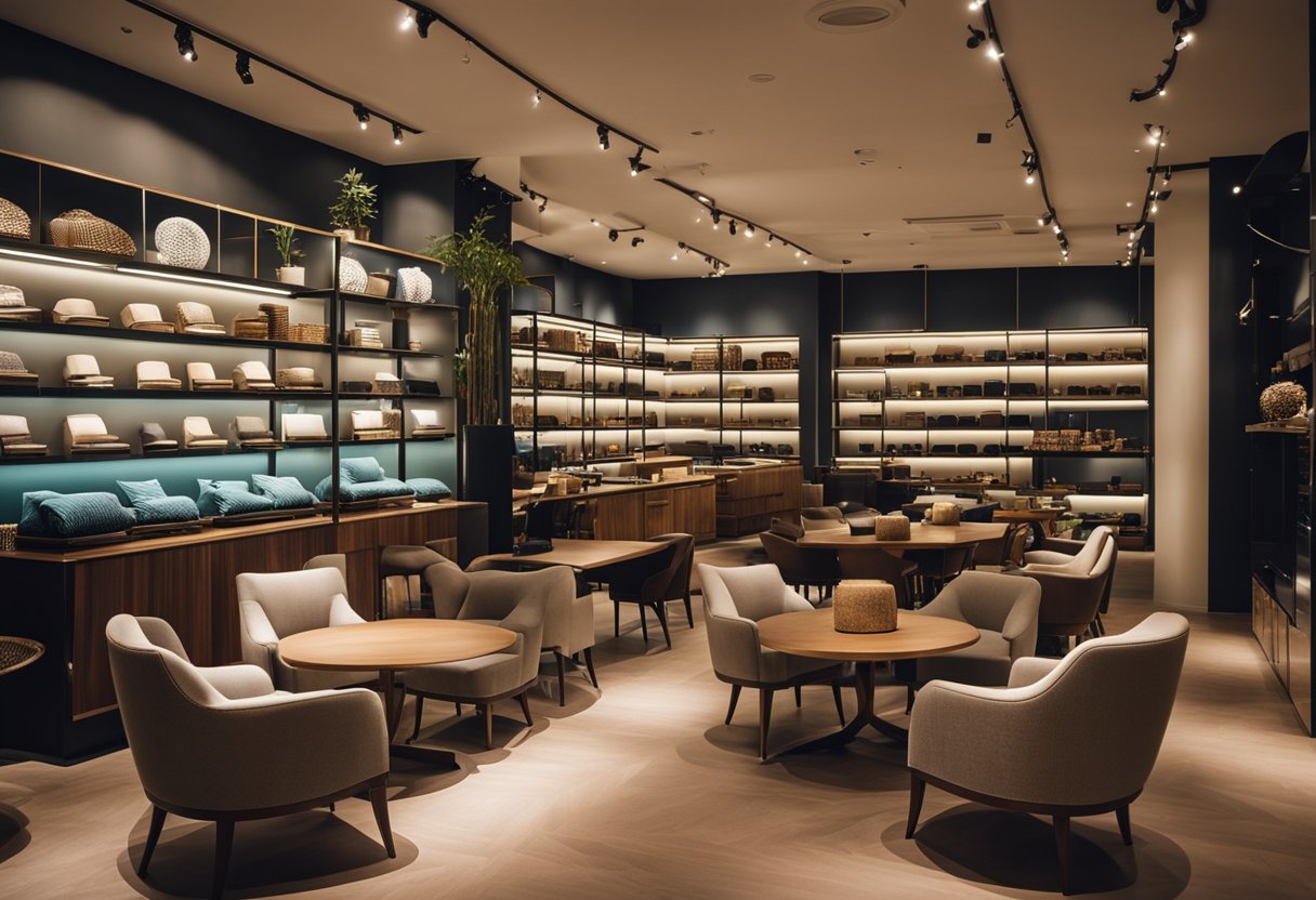 A bustling furniture shop in Singapore with rows of stylish chairs, tables, and shelves on display. Bright lights illuminate the modern and traditional pieces, creating a welcoming atmosphere
