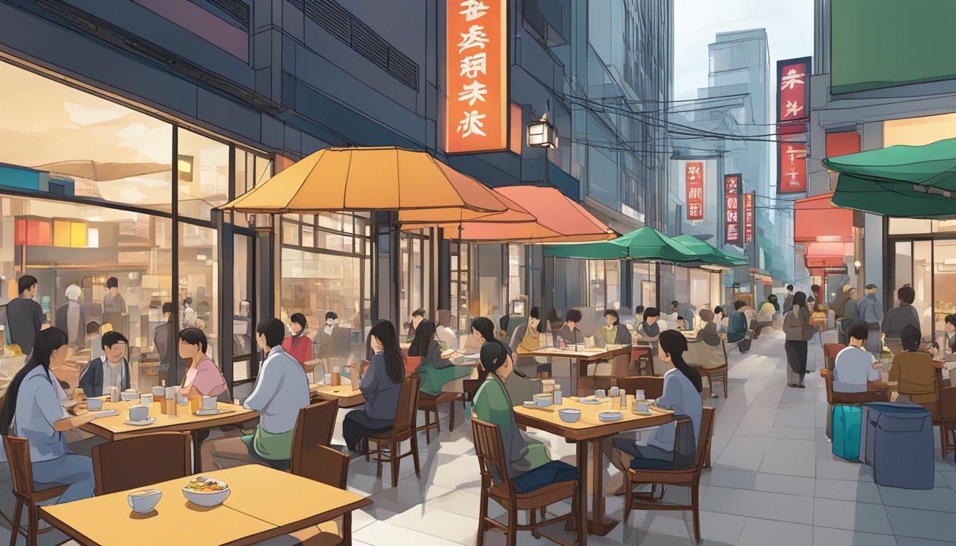 A bustling Japanese restaurant in Cuppage Plaza with colorful signage and outdoor seating, surrounded by bustling city streets