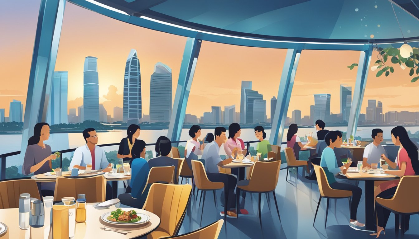 The bustling restaurant at Singapore Flyer, with diners enjoying meals and staff attending to tables, against a backdrop of panoramic city views