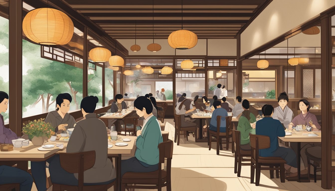 A bustling Japanese restaurant in Cuppage Plaza, with diners enjoying their meals and servers bustling about. The atmosphere is lively and inviting, with traditional Japanese decor adding to the ambiance