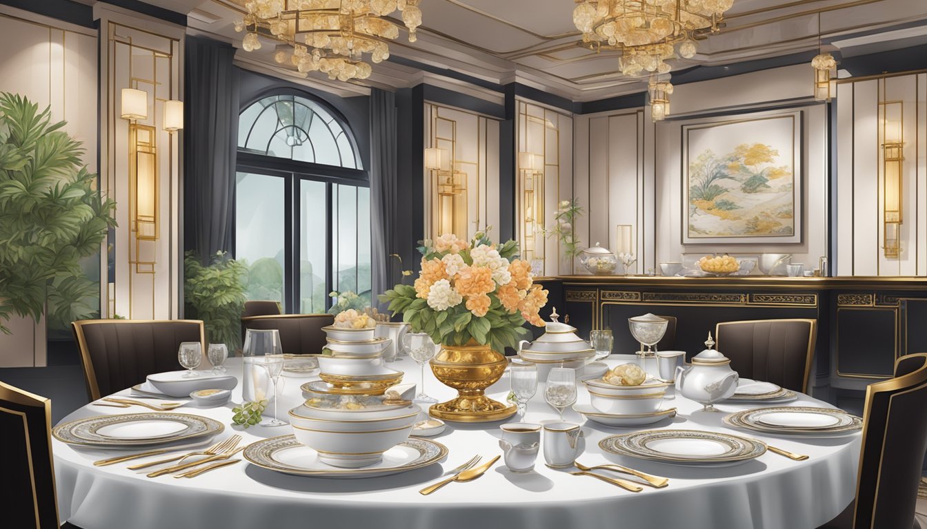 A table set with elegant Chinese dinnerware, surrounded by opulent decor, showcasing a fusion of traditional and modern elements in a luxurious fine dining restaurant in Singapore