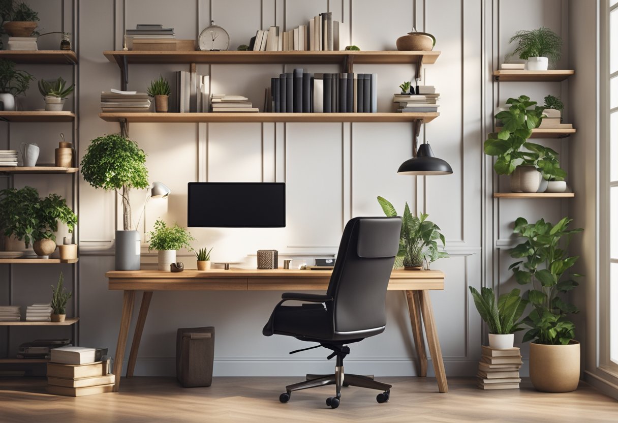A cozy office with a large window, a modern desk, and a comfortable chair. Shelves filled with books and plants add a touch of warmth to the room
