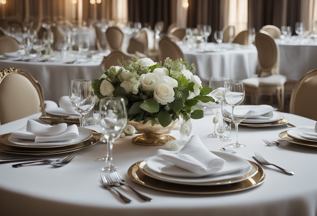 A table set with elegant linen, cutlery, and glassware for a banquet. Chairs with decorative accessories surround the table