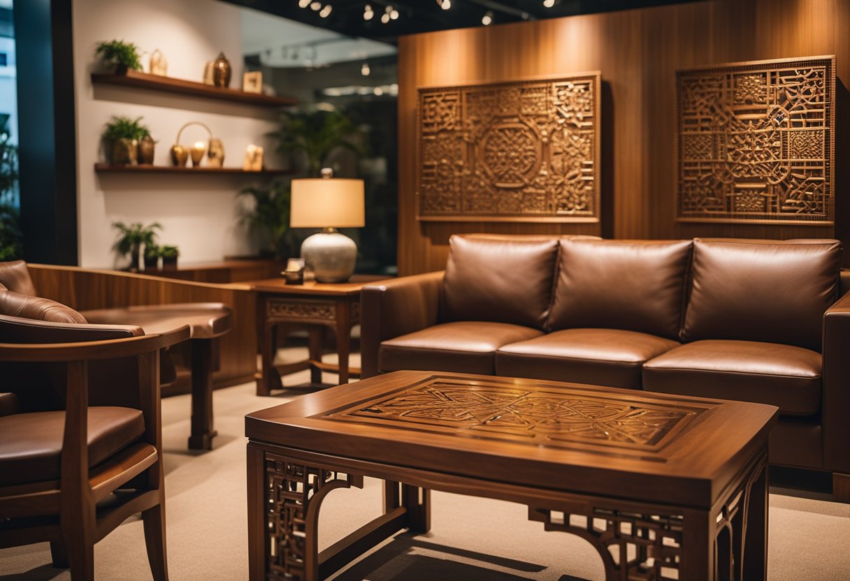 A showroom in Singapore displays teak and mahogany furniture, with warm lighting highlighting the rich wood grains and intricate designs