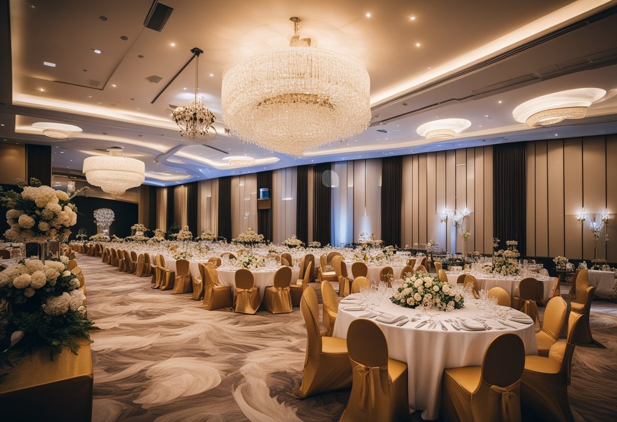 A banquet hall filled with elegant furniture and decor, with suppliers from Singapore answering frequently asked questions
