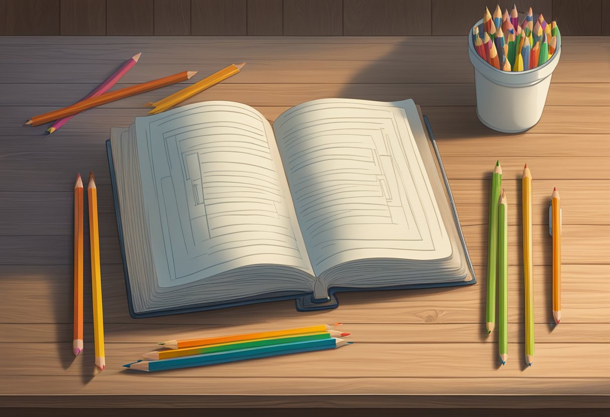 A book titled "Good Names 1700 baby names" lies open on a wooden table, surrounded by colorful pencils and a blank sketchpad