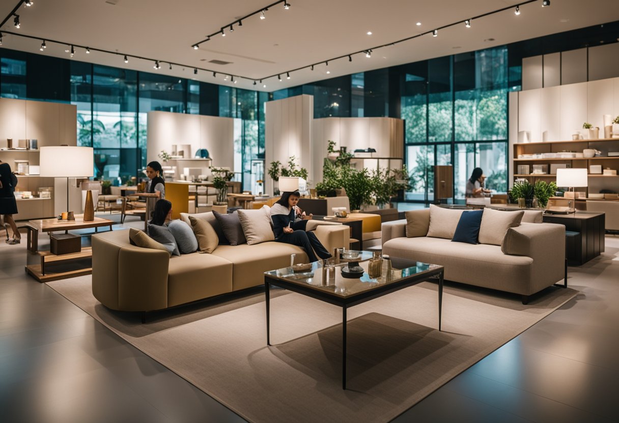 Customers browsing modern furniture displays in a spacious showroom in Singapore