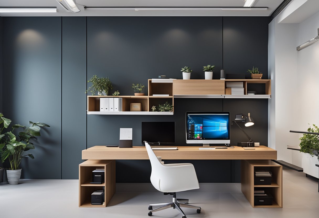 A clutter-free desk with wall-mounted shelves and a foldable table for multi-purpose use in a small office room