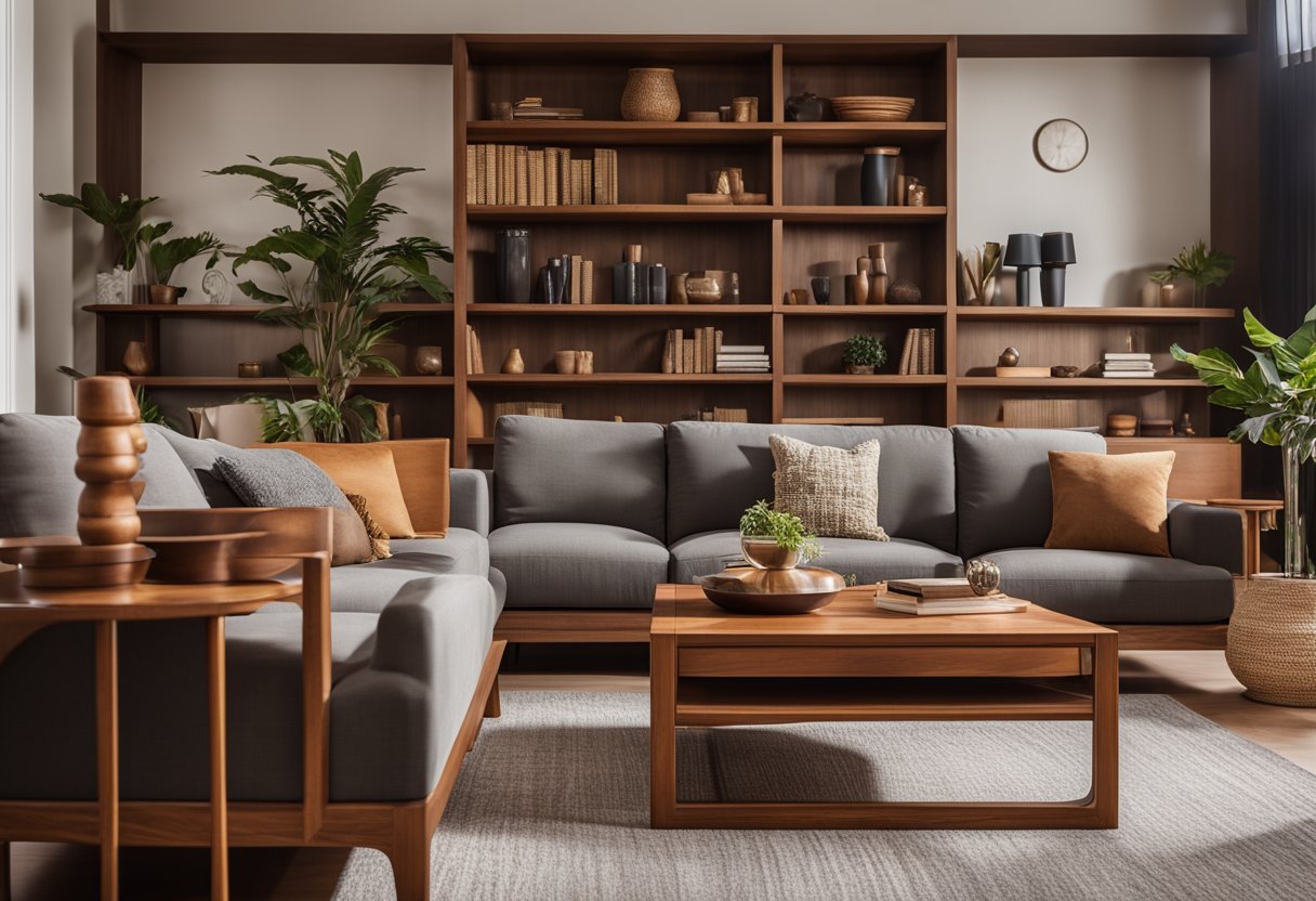 A cozy living room with teak and mahogany furniture, including a sleek coffee table, a comfortable sofa, and a stylish bookshelf. The warm wood tones and elegant designs create a welcoming and sophisticated atmosphere