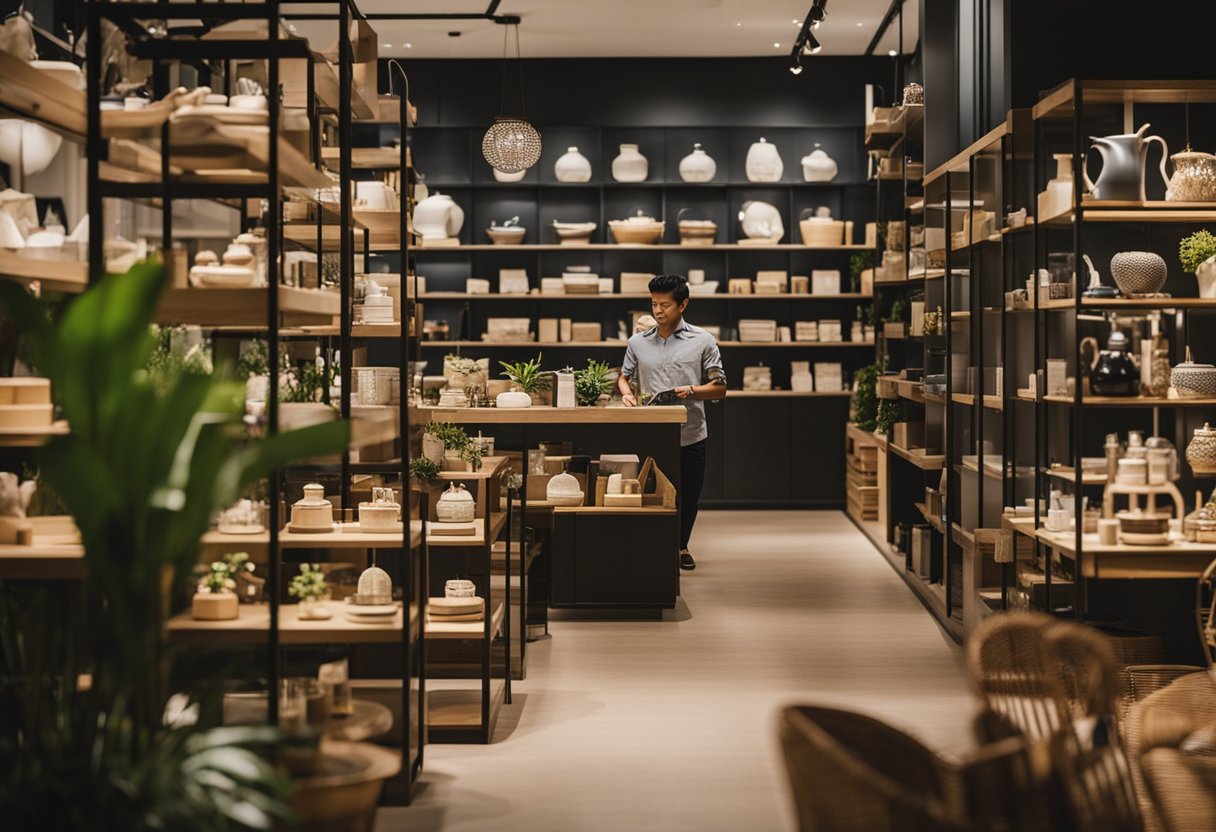 A bustling furniture shop in Singapore, with customers browsing and staff assisting. Shelves are filled with stylish home decor and colorful accessories