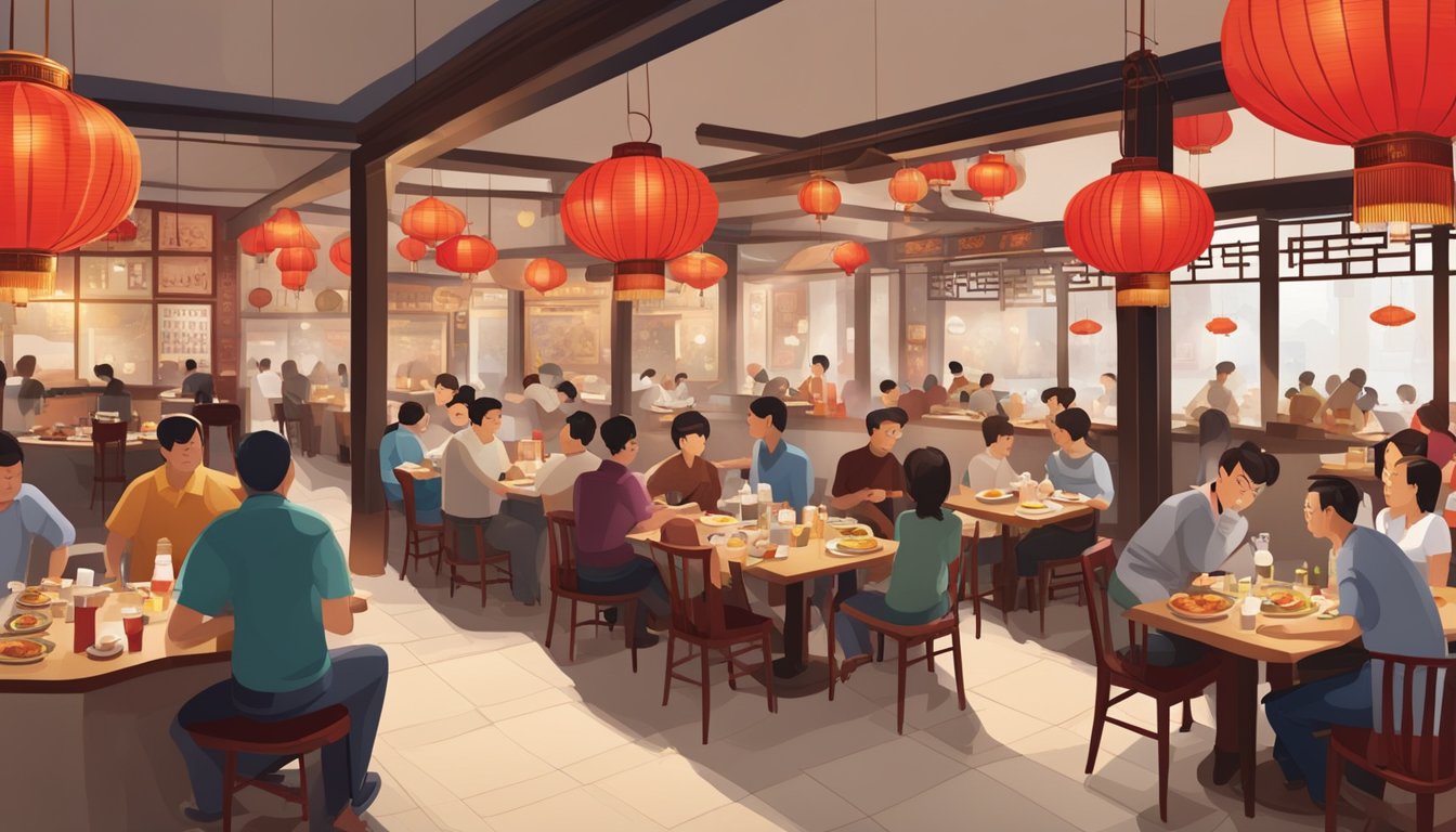 Busy Chinese restaurant with red lanterns, round tables, and steaming food. Customers chatting, waiters bustling, and aroma of stir-fry in the air