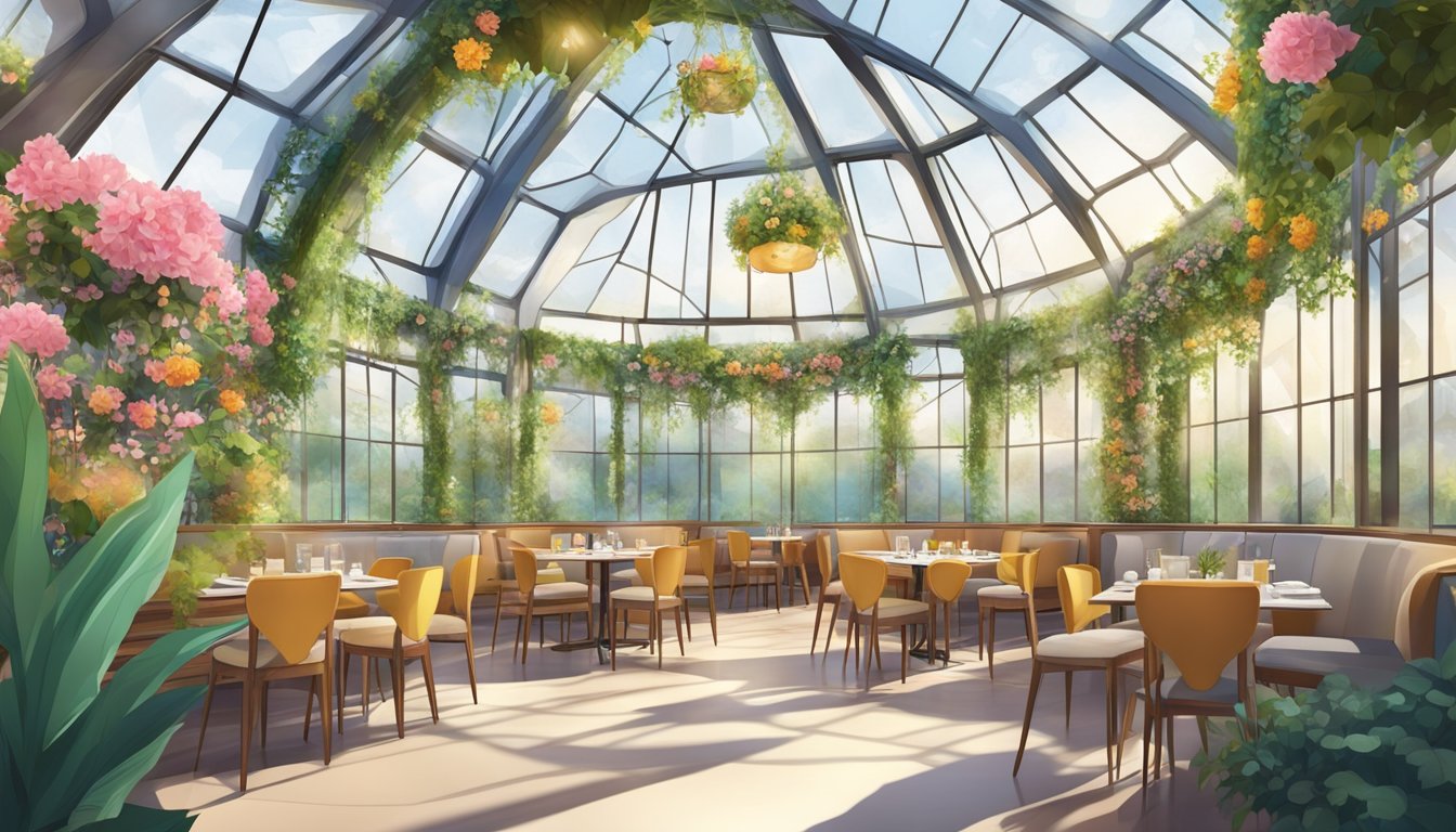 A colorful flower dome restaurant with blooming flora and hanging vines, surrounded by glass walls and filled with natural light