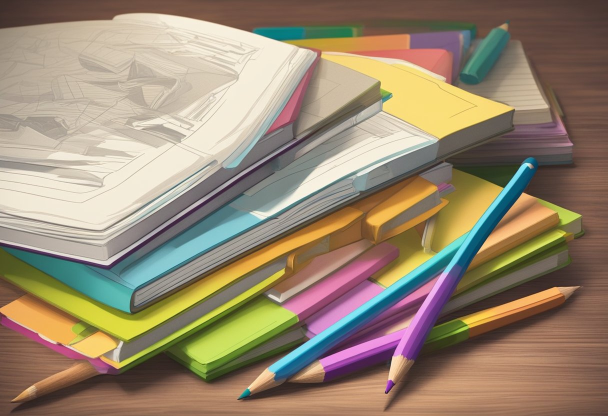 A stack of colorful baby name books on a wooden table. A pencil and notepad sit nearby, ready for brainstorming