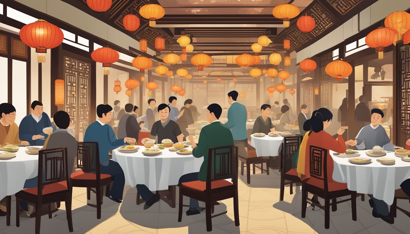 Customers dining at round tables, surrounded by traditional Chinese decor and lanterns, as waiters serve steaming plates of dim sum