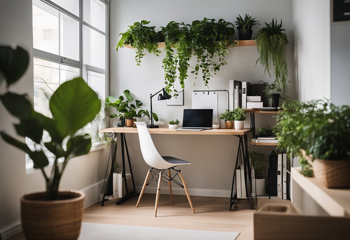 A cozy small office with a sleek desk, ergonomic chair, and organized shelves. Soft lighting and green plants add a touch of warmth to the modern space
