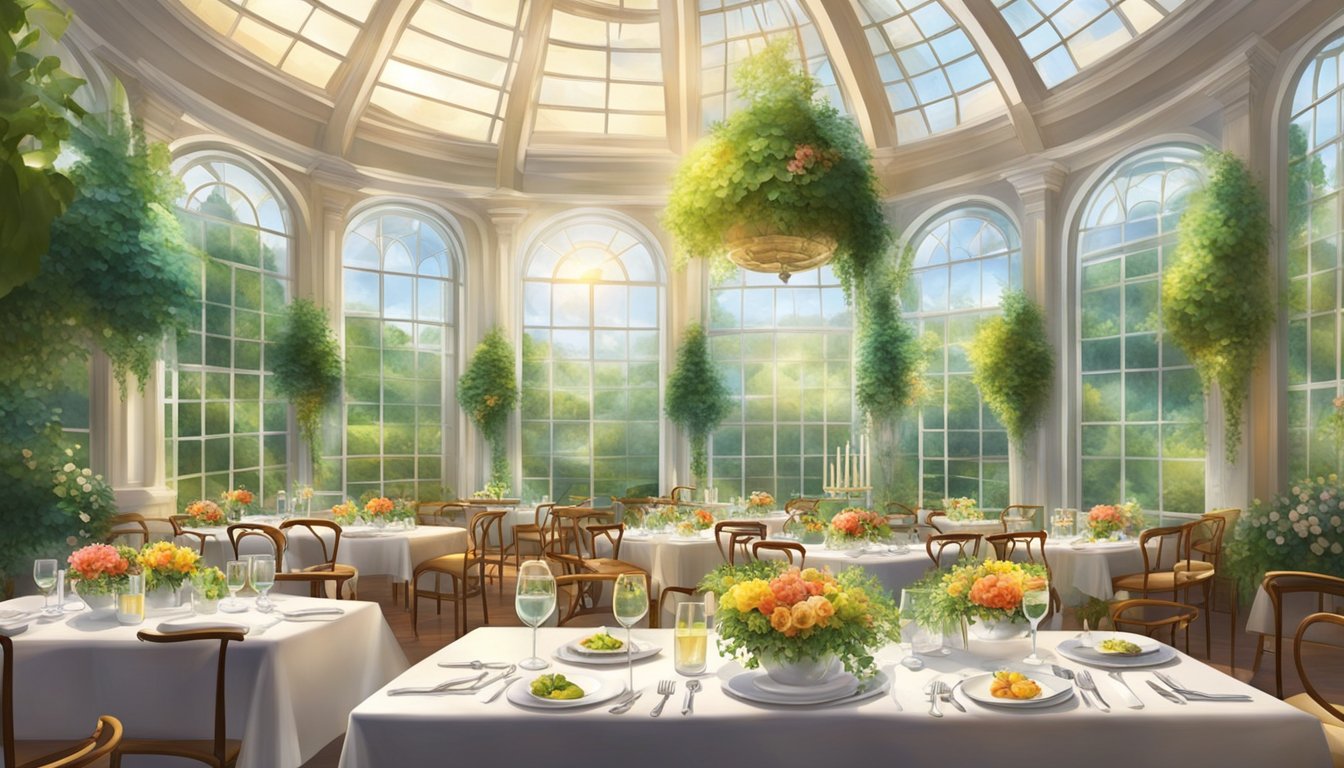 Lush greenery surrounds elegant dining tables adorned with vibrant floral centerpieces, as sunlight filters through the glass dome, casting a warm glow on the delectable dishes and refreshing drinks